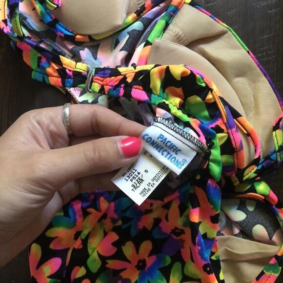 Vintage 80s 90s Neon Miami Floral Bright Hippie Swimwear Pacific Connections 5 - Picture 3 of 4